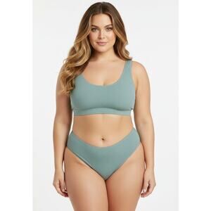 SKIMS Thong Panty Plus Size 4X Ribbed Stretch Sage Green Cotton Underwear NWT